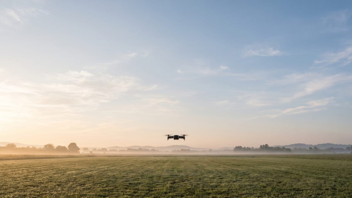 Un piccolo drone in volo stazionario al centro dell'inquadratura sopra un prato, sotto un ampio cielo mattutino