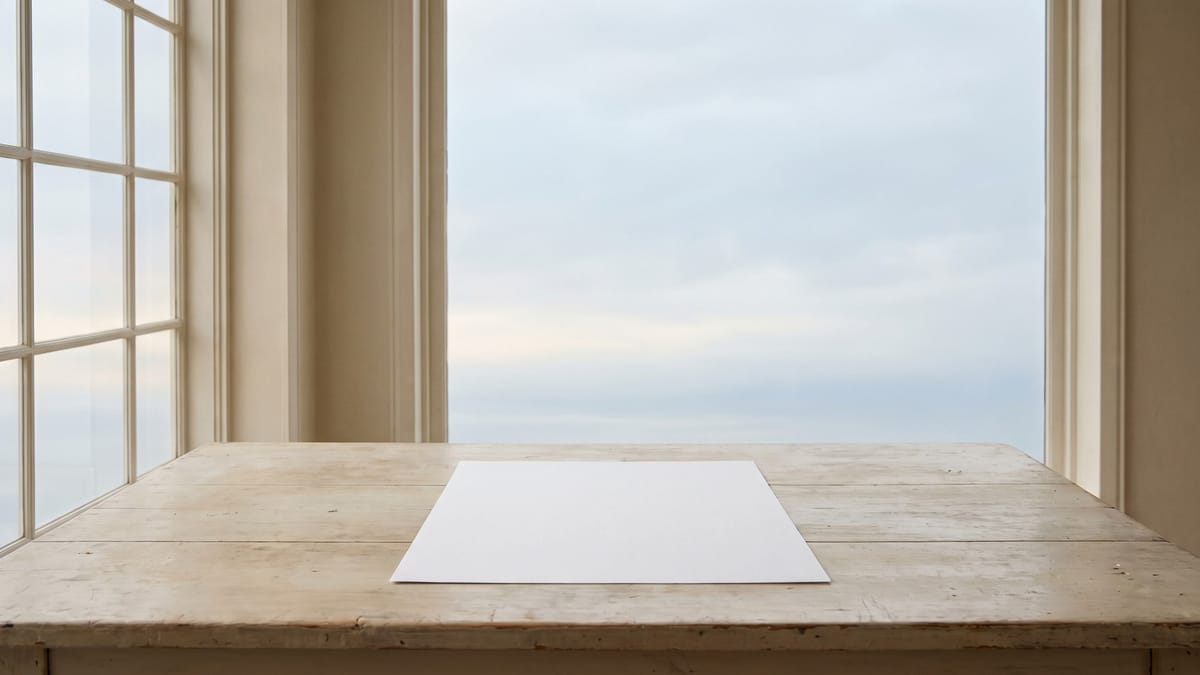 Un foglio bianco al centro di un tavolo di legno chiaro accanto a una finestra, con luce del mattino